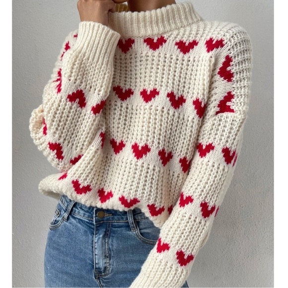 Cozy Heart Print Turtleneck Knit Oversized Sweater - Picture 6 of 9